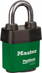 Master Lock - 1-1/8" Shackle Clearance, Keyed Different Padlock - 5/16" Shackle Diam, Laminated Steel - Caliber Tooling