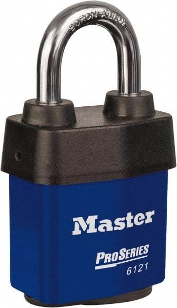 Master Lock - 1-1/8" Shackle Clearance, Keyed Different Padlock - 5/16" Shackle Diam, Laminated Steel - Caliber Tooling