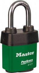 Master Lock - 1-1/2" Shackle Clearance, Keyed Different Padlock - 5/16" Shackle Diam, Laminated Steel - Caliber Tooling