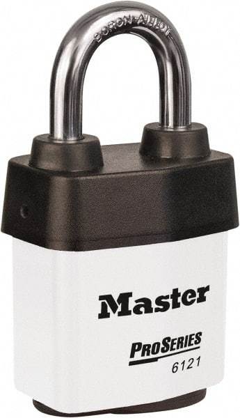 Master Lock - 1-1/8" Shackle Clearance, Keyed Different Padlock - 5/16" Shackle Diam, Laminated Steel - Caliber Tooling