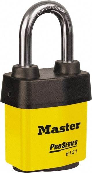 Master Lock - 1-1/2" Shackle Clearance, Keyed Different Padlock - 5/16" Shackle Diam, Laminated Steel - Caliber Tooling