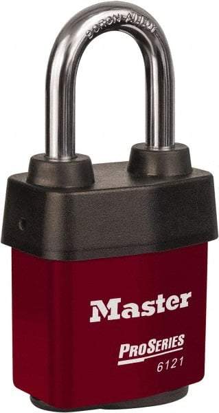 Master Lock - 1-1/2" Shackle Clearance, Keyed Different Padlock - 5/16" Shackle Diam, Laminated Steel - Caliber Tooling