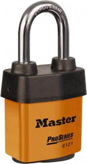 Master Lock - 1-1/2" Shackle Clearance, Keyed Different Padlock - 5/16" Shackle Diam, Laminated Steel - Caliber Tooling