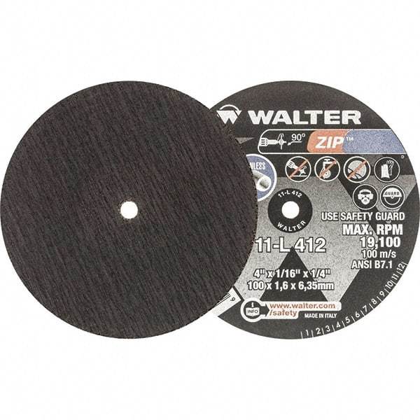 WALTER Surface Technologies - 4" 24 Grit Aluminum Oxide Cutoff Wheel - 1/16" Thick, 1/4" Arbor, 19,100 Max RPM, Use with Die Grinders - Caliber Tooling