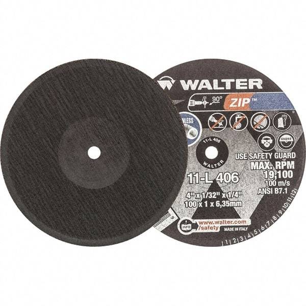 WALTER Surface Technologies - 4" 24 Grit Aluminum Oxide Cutoff Wheel - 1/32" Thick, 1/4" Arbor, 19,100 Max RPM, Use with Die Grinders - Caliber Tooling