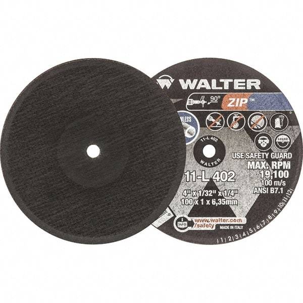 WALTER Surface Technologies - 4" 60 Grit Aluminum Oxide Cutoff Wheel - 1/32" Thick, 1/4" Arbor, 19,100 Max RPM, Use with Die Grinders - Caliber Tooling