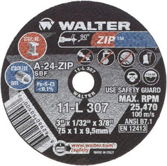 WALTER Surface Technologies - 3" 24 Grit Aluminum Oxide Cutoff Wheel - 1/32" Thick, 3/8" Arbor, 25,470 Max RPM, Use with Die Grinders - Caliber Tooling