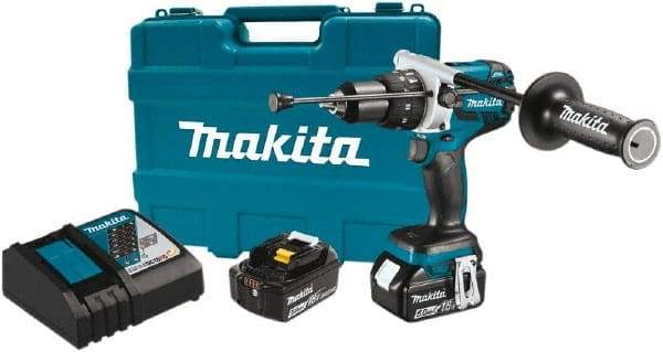 Makita - 18 Volt 1/2" Chuck Pistol Grip Handle Cordless Drill - 0-2100 RPM, Reversible, 2 Lithium-Ion Batteries Included - Caliber Tooling