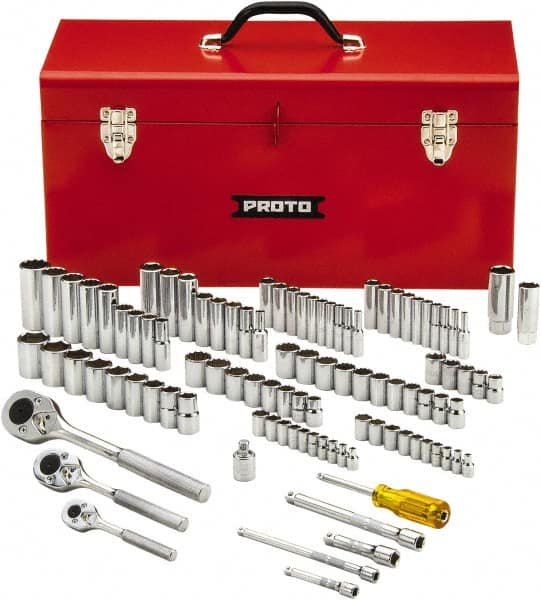 Proto - 101 Piece 1/4", 3/8" & 1/2" Drive Chrome Finish Deep Well Socket Set - 6, 8, 12 Points, 1/4" to 1" (4mm to 19mm) Range, Inch/Metric Measurement Standard - Caliber Tooling