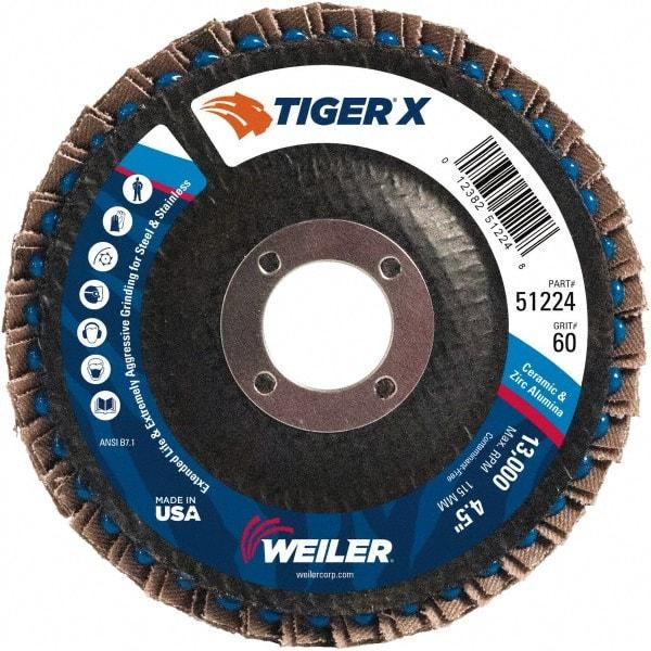 Weiler - 251 Grit, 4-1/2" Disc Diam, 7/8" Center Hole, Type 27 Zirconia Alumina Flap Disc - 13,000 Max RPM, Phenolic Backing, Arbor Attaching System, Coated - Caliber Tooling