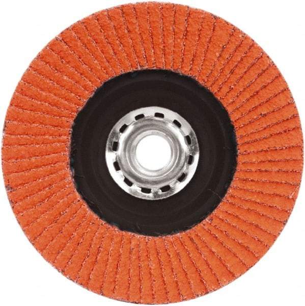 Norton - 40 Grit, 5" Disc Diam, 5/8-11 Center Hole, Type 27 Ceramic Alumina Flap Disc - 12,000 Max RPM, Plastic Backing, Arbor Attaching System, Coated - Caliber Tooling