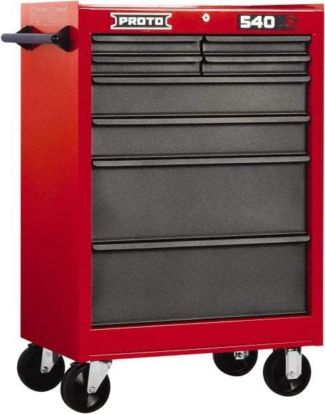 Proto - 8 Drawer Steel Tool Roller Cabinet - 27" Wide x 42" High x 18" Deep, Ball Bearing Drawer Slides, Safety Red/Gray - Caliber Tooling