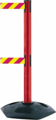 Tensator - 38" High, 2-1/2" Pole Diam, 4 Way Stanchion - 19" Base Diam, Octagon Recycled Rubber Base, Red Plastic Post, 7-1/2' x 2" Tape, Dual Line Tape, For Outdoor Use - Caliber Tooling