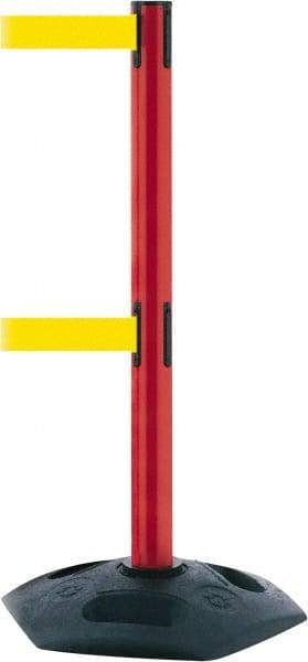 Tensator - 38" High, 2-1/2" Pole Diam, 4 Way Stanchion - 19" Base Diam, Octagon Recycled Rubber Base, Red Plastic Post, 7-1/2' x 2" Tape, Dual Line Tape, For Outdoor Use - Caliber Tooling