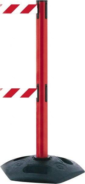 Tensator - 38" High, 2-1/2" Pole Diam, 4 Way Stanchion - 19" Base Diam, Octagon Recycled Rubber Base, Red Plastic Post, 13' x 2" Tape, Dual Line Tape, For Outdoor Use - Caliber Tooling