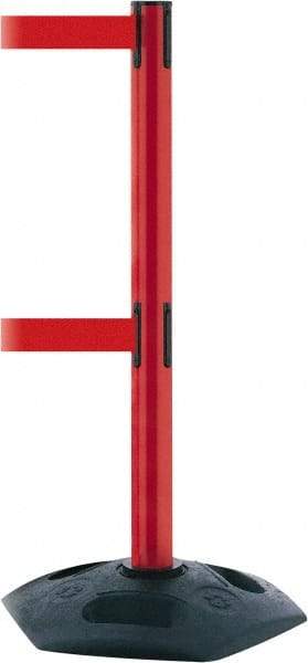 Tensator - 38" High, 2-1/2" Pole Diam, 4 Way Stanchion - 19" Base Diam, Octagon Recycled Rubber Base, Red Plastic Post, 13' x 2" Tape, Dual Line Tape, For Outdoor Use - Caliber Tooling