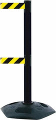 Tensator - 38" High, 2-1/2" Pole Diam, 4 Way Stanchion - 19" Base Diam, Octagon Recycled Rubber Base, Black Plastic Post, 13' x 2" Tape, Dual Line Tape, For Outdoor Use - Caliber Tooling