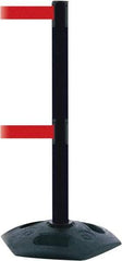 Tensator - 38" High, 2-1/2" Pole Diam, 4 Way Stanchion - 19" Base Diam, Octagon Recycled Rubber Base, Black Plastic Post, 13' x 2" Tape, Dual Line Tape, For Outdoor Use - Caliber Tooling