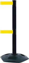 Tensator - 38" High, 2-1/2" Pole Diam, 4 Way Stanchion - 19" Base Diam, Octagon Recycled Rubber Base, Black Plastic Post, 13' x 2" Tape, Dual Line Tape, For Outdoor Use - Caliber Tooling