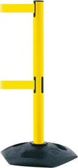 Tensator - 38" High, 2-1/2" Pole Diam, 4 Way Stanchion - 19" Base Diam, Octagon Recycled Rubber Base, Yellow Plastic Post, 7-1/2' x 2" Tape, Dual Line Tape, For Outdoor Use - Caliber Tooling