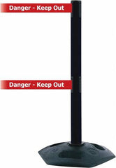 Tensator - 38" High, 2-1/2" Pole Diam, 4 Way Stanchion - 19" Base Diam, Octagon Recycled Rubber Base, Black Plastic Post, 13' x 2" Tape, Dual Line Tape, For Outdoor Use - Caliber Tooling