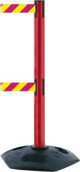 Tensator - 38" High, 2-1/2" Pole Diam, 4 Way Stanchion - 19" Base Diam, Octagon Recycled Rubber Base, Red Plastic Post, 13' x 2" Tape, Dual Line Tape, For Outdoor Use - Caliber Tooling