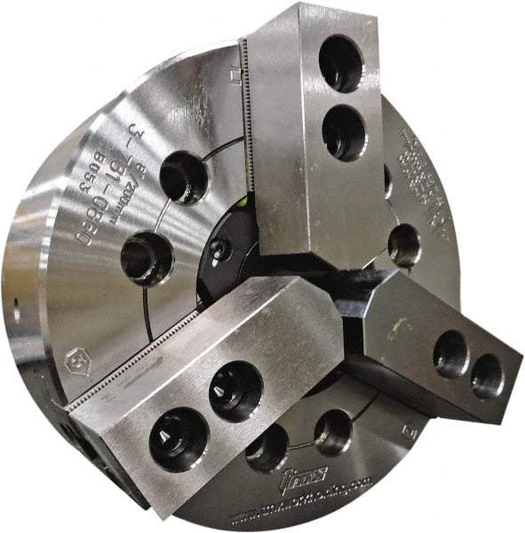 TMX - 3 Jaws, 10" Chuck Diam, A2-8 Mount, 3.2283" Through Hole, Drawtube, Hydraulic Power Lathe Chuck - 1.2205" to 10" Jaw Capacity, 4,200 RPM - Caliber Tooling