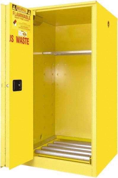 Securall Cabinets - 34" Wide x 34" Deep x 65" High, 18 Gauge Steel Vertical Drum Cabinet with 3 Point Key Lock - Yellow, Self-Closing Door, 1 Shelf, 1 Drum, Drum Rollers Included - Caliber Tooling