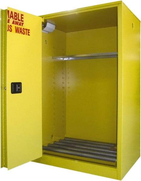 Securall Cabinets - 43" Wide x 31" Deep x 65" High, 18 Gauge Steel Vertical Drum Cabinet with 3 Point Key Lock - Yellow, Self-Closing Door, 1 Shelf, 2 Drums, Drum Rollers Included - Caliber Tooling