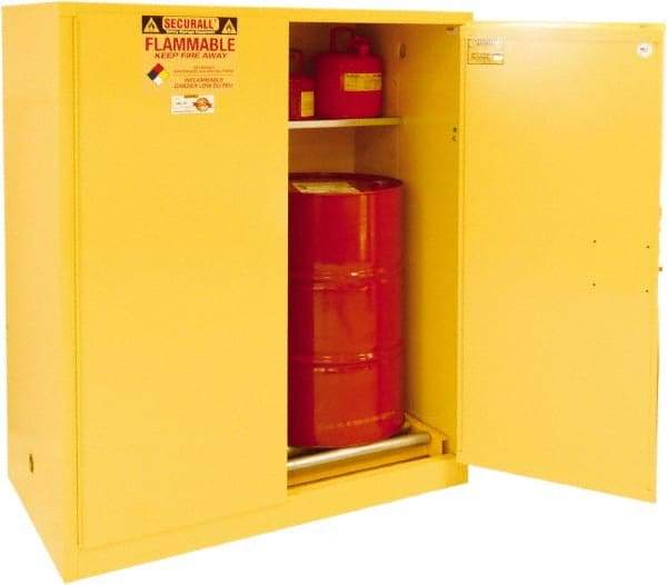 Securall Cabinets - 56" Wide x 31" Deep x 65" High, 18 Gauge Steel Vertical Drum Cabinet with 3 Point Key Lock - Yellow, Manual Closing Door, 3 Shelves, 1 Drum, Drum Rollers Included - Caliber Tooling