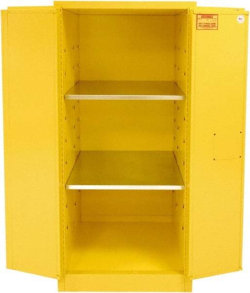 Securall Cabinets - 2 Door, 2 Shelf, Yellow Steel Standard Safety Cabinet for Flammable and Combustible Liquids - 65" High x 31" Wide x 31" Deep, Manual Closing Door, 3 Point Key Lock, 60 Gal Capacity - Caliber Tooling