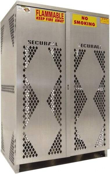 Securall Cabinets - 2 Door, 2 Shelf, Silver Aluminum Standard Safety Cabinet for Flammable and Combustible Liquids - 65" High x 43" Wide x 32" Deep, Manual Closing Door, Padlockable Hasp, 20 or 33 Lb Cylinder Capacity - Caliber Tooling