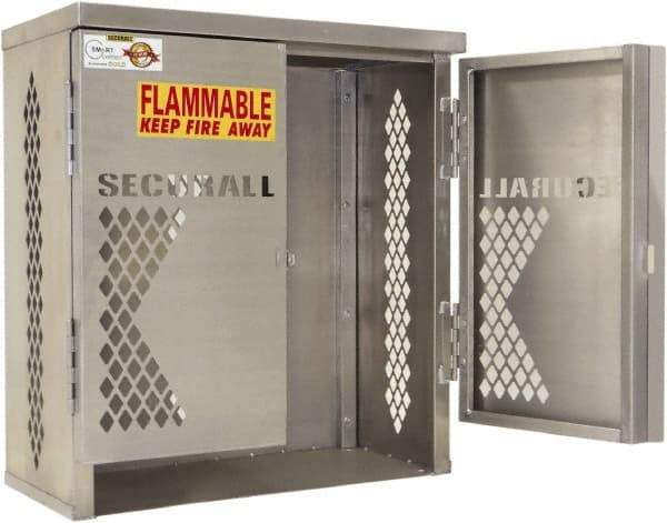 Securall Cabinets - 1 Door, 1 Shelf, Silver Aluminum Standard Safety Cabinet for Flammable and Combustible Liquids - 33" High x 31" Wide x 16" Deep, Manual Closing Door, Padlockable Hasp, 20 or 33 Lb Cylinder Capacity - Caliber Tooling