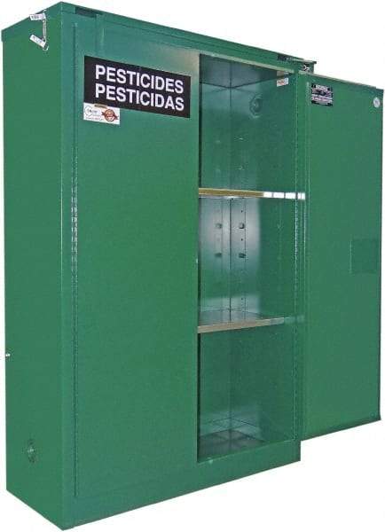 Securall Cabinets - 2 Door, 2 Shelf, Green Steel Standard Safety Cabinet for Flammable and Combustible Liquids - 67" High x 43" Wide x 18" Deep, Self Closing Door, 3 Point Key Lock, 45 Gal Capacity - Caliber Tooling