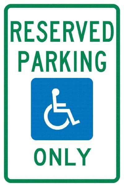 NMC - "Reserved Parking Only", "Handicap Symbol", 12" Wide x 18" High, Aluminum ADA Signs - 0.04" Thick, Green & Blue on White, Rectangle, Post Mount - Caliber Tooling