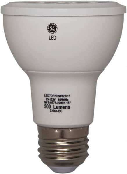 GE Lighting - 7 Watt LED Flood/Spot Medium Screw Lamp - 3,000°K Color Temp, 520 Lumens, 120 Volts, Dimmable, PAR20, 25,000 hr Avg Life - Caliber Tooling