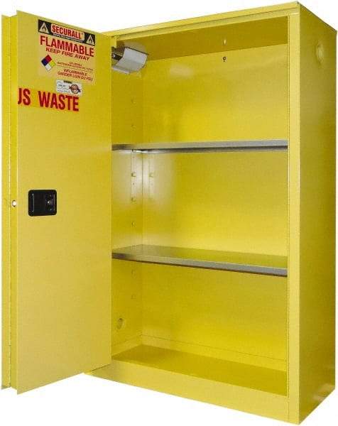 Securall Cabinets - 2 Door, 2 Shelf, Yellow Steel Standard Safety Cabinet for Flammable and Combustible Liquids - 65" High x 43" Wide x 18" Deep, Sliding Door, 3 Point Key Lock, 45 Gal Capacity - Caliber Tooling