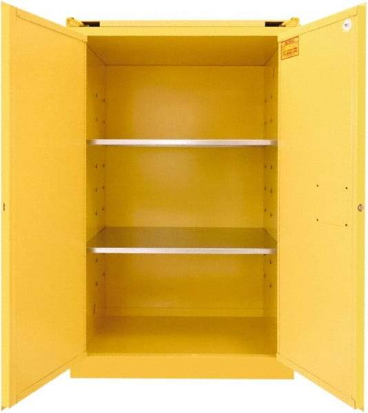 Securall Cabinets - 2 Door, 2 Shelf, Yellow Steel Standard Safety Cabinet for Flammable and Combustible Liquids - 67" High x 43" Wide x 31" Deep, Self Closing Door, 3 Point Key Lock, 90 Gal Capacity - Caliber Tooling