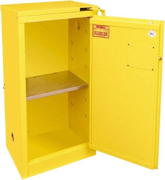 Securall Cabinets - 1 Door, 1 Shelf, Yellow Steel Standard Safety Cabinet for Flammable and Combustible Liquids - 46" High x 23-3/16" Wide x 18" Deep, Self Closing Door, 3 Point Key Lock, 16 Gal Capacity - Caliber Tooling