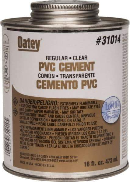 Oatey - 16 oz Regular Bodied Cement - Clear, Use with Schedule 40 PVC up to 4" Diam & Schedule 80 PVC up to 2" Diam - Caliber Tooling