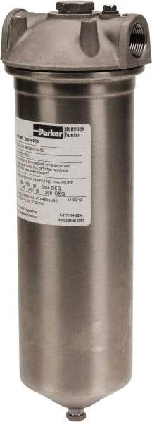 Parker - 3/4 Inch Pipe, FNPT End Connections, 10 Inch Long Cartridge, 12-3/4 Inch Long, Cartridge Filter Housing with Pressure Relief - 1 Cartridge, 5 Max GPM Flow Rate, 150 psi Max Working Pressure, 316 Grade - Caliber Tooling