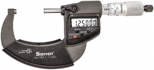 Starrett - 1 to 2" Range, Standard Throat IP67 Electronic Outside Micrometer - Ratchet Stop Thimble, Carbide Face, CR2032 Battery - Caliber Tooling