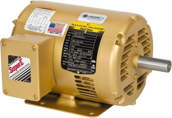 Baldor - 7-1/2 hp, ODP Enclosure, No Thermal Protection, 3,600 RPM, 208-230/460 Volt, 60 Hz, Three Phase Motor - Size 184T Frame, Foot Mount, 1 Speed, Ball Bearings, 8.6 Full Load Amps, F Class Insulation, Reversible - Caliber Tooling