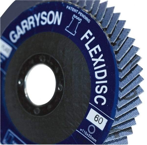 Garryson - 40 Grit, 4-1/2" Disc Diam, 7/8" Center Hole, Zirconia Alumina Flap Disc - 13,300 Max RPM, Fiberglass Backing, Arbor Attaching System, Coated - Caliber Tooling