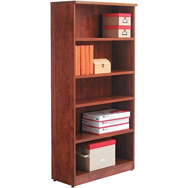 ALERA - 5 Shelf, 65" High x 31-3/4" Wide Bookcase - 14" Deep, Woodgrain Laminate, Medium Cherry - Caliber Tooling