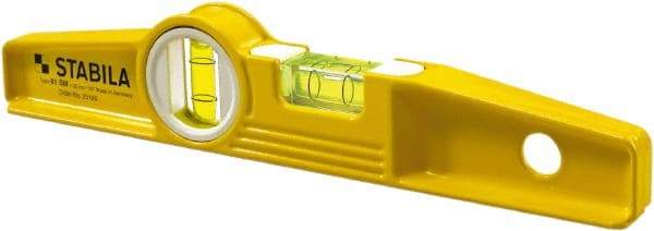 Stabila - 10" Long 2 Vial Torpedo Level - Die Cast, Yellow, 1 Plumb & 1 Level Vial - Caliber Tooling