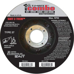 Sait - 4-1/2" Wheel Diam, 7/8" Arbor Hole, Type 27 Depressed Center Wheel - Extra Coarse Grade, Zirconia Alumina, S Hardness, 13,300 Max RPM - Caliber Tooling