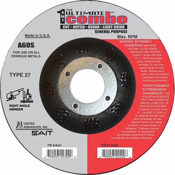 Sait - 60 Grit, 5" Wheel Diam, 7/8" Arbor Hole, Type 27 Depressed Center Wheel - Extra Coarse Grade, Aluminum Oxide, S Hardness, 12,200 Max RPM - Caliber Tooling