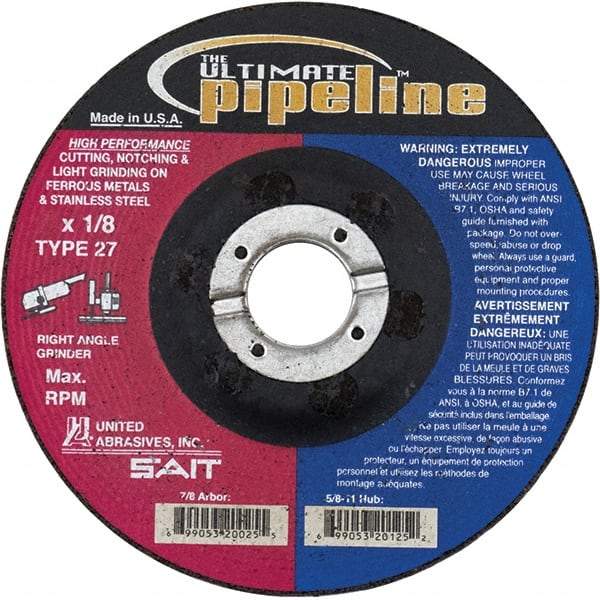 Sait - 9" Wheel Diam, 1/8" Wheel Thickness, 7/8" Arbor Hole, Type 27 Depressed Center Wheel - Extra Coarse Grade, Zirconia Alumina, T Hardness, 6,600 Max RPM - Caliber Tooling