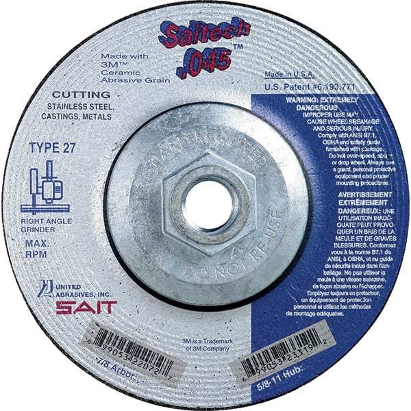 Sait - 4-1/2" Wheel Diam, Type 27 Depressed Center Wheel - Extra Coarse Grade, Ceramic, S Hardness, 13,300 Max RPM - Caliber Tooling